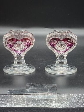 Vintage Enesco Crystal Glass Candle Holders W/Red Heart & Rose Motif, Set Of 2